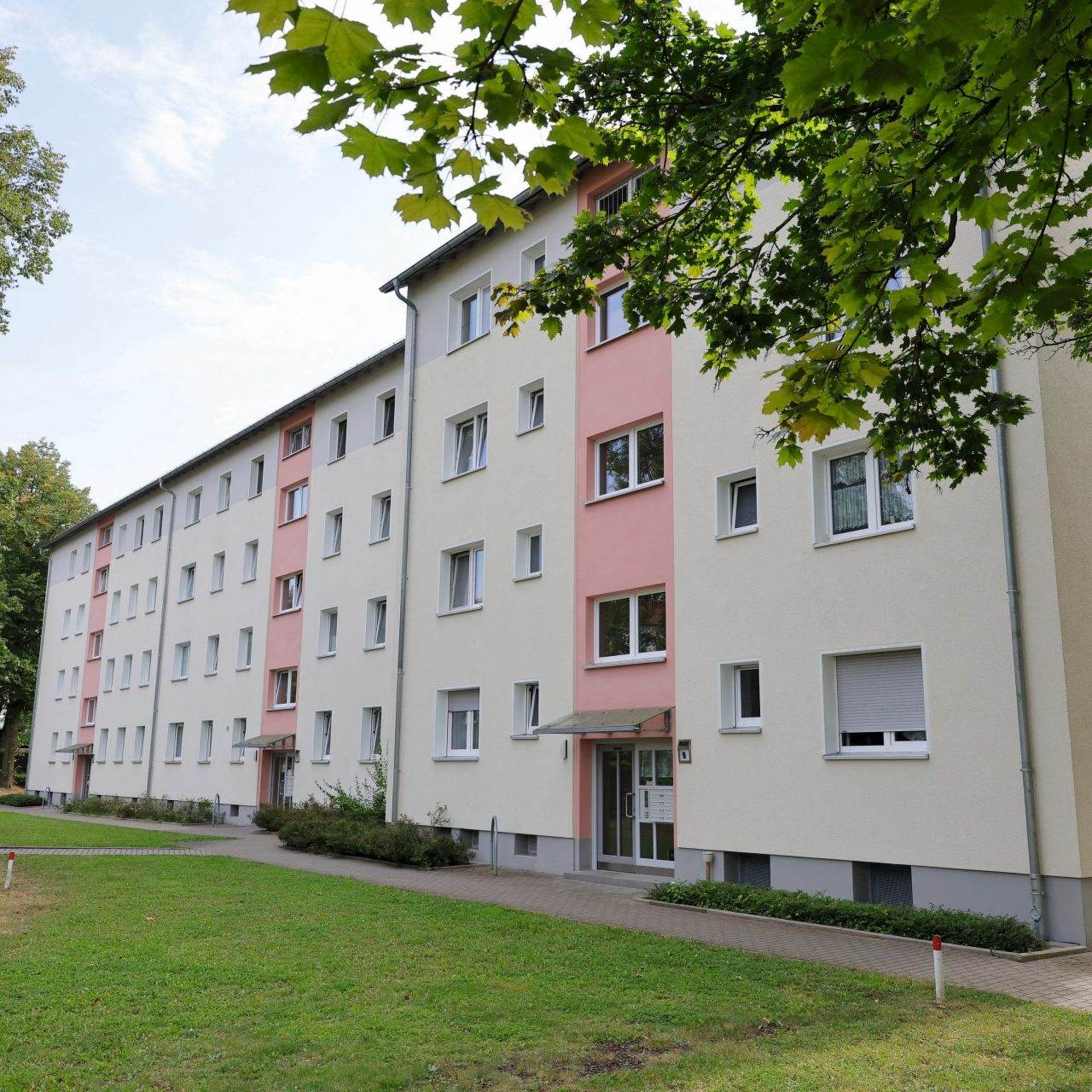 Blick auf die modernisierte Fassade eines Mehrfamilienhauses, im Vordergrund Wiese und Bäume