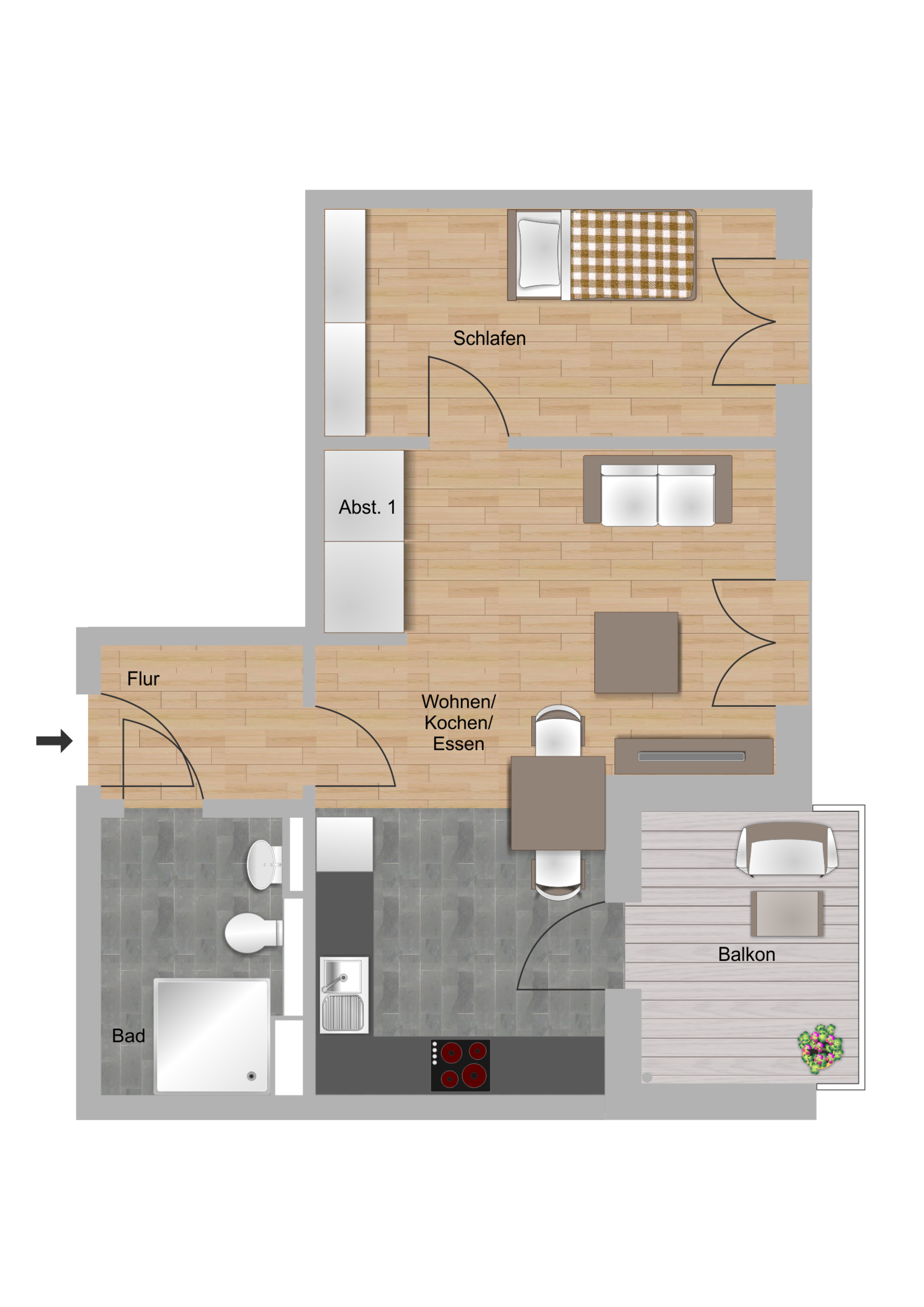 1,5-Zimmer-Wohnung (Ergeschoss/barrierefrei) ca. 44 m²