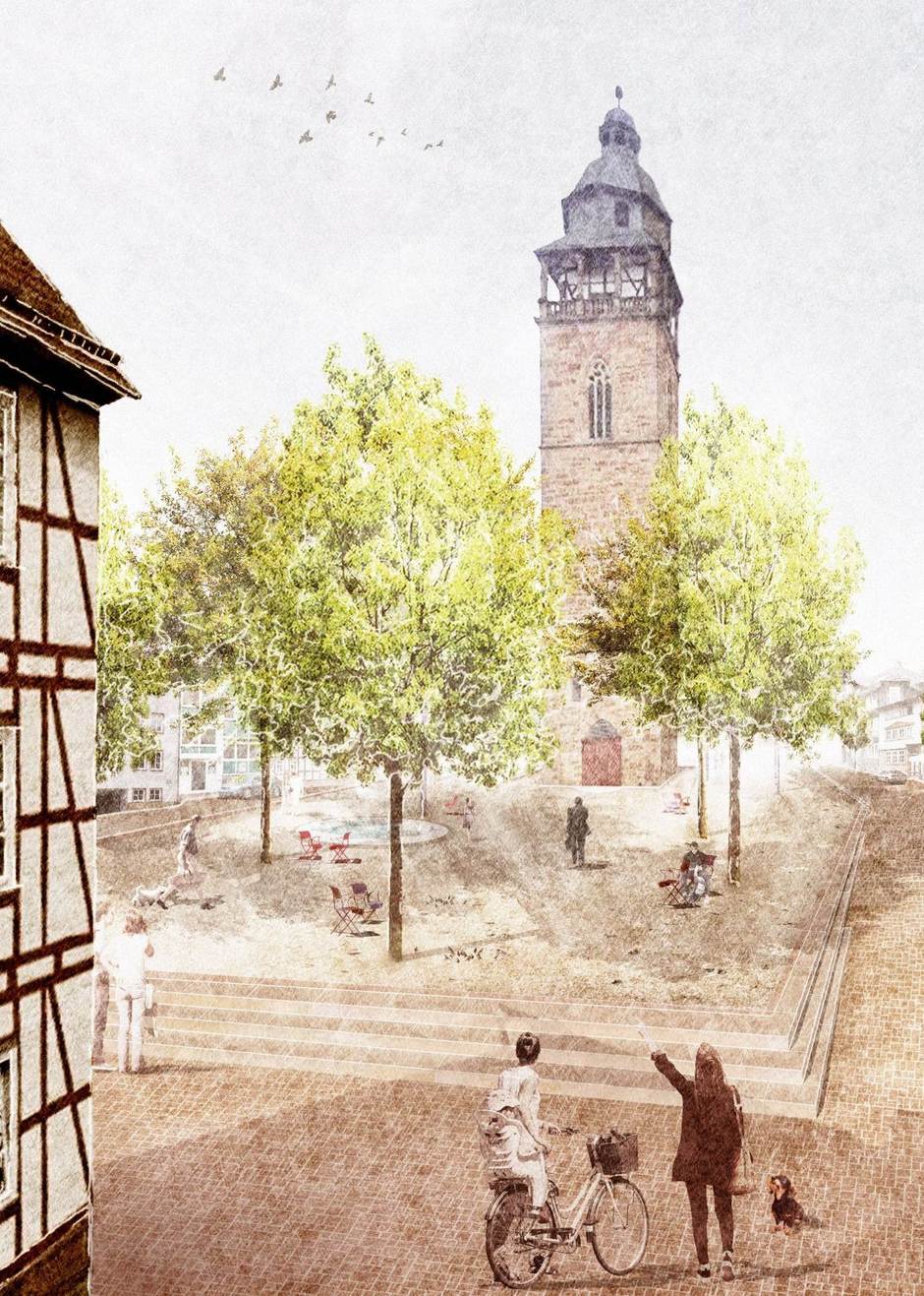 Abbildung des Nikolaiplatzes in Eschwege. Zu sehen ist ein hoher Turm auf einem freien Platz. Jener ist von Fachwerkhäusern umringt und bietet Platz für ein paar Bäume und Bänke.