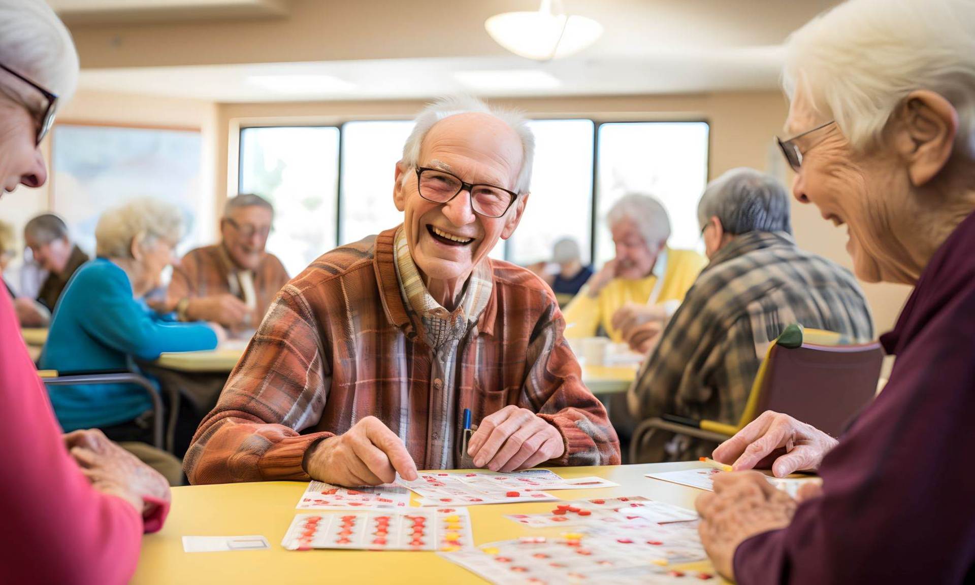 Mehrere Senioren in einem Raum. Einige sitzen am Tisch und spielen ein Brettspiel.