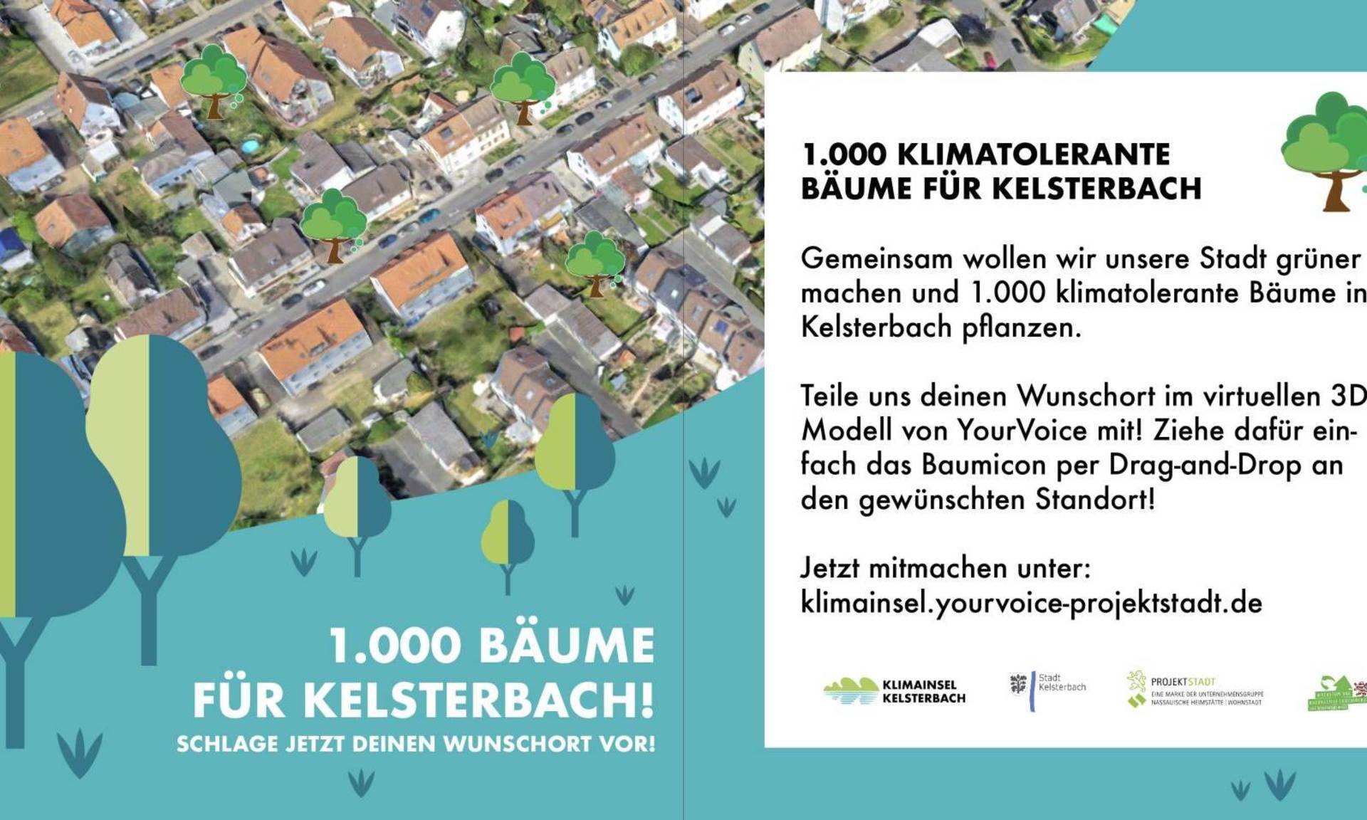Grafik, die das Projekt „1000 klimatolerante Bäume“ erläutert. Die Stadt Kelsterbach lädt ihre AnwohnerInnen dazu ein, aktiv an der Planung teilzunehmen und somit einen Beitrag zur grünen Zukunft der Stadt zu leisten. 